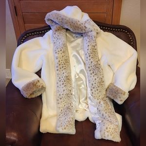 Plush White Faux Fur Hooded Coat Leopard Trim Coldwater Creek